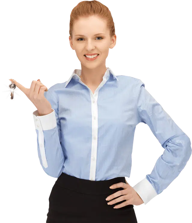 Lady wearing blue shirt holding property keys. assured residential property management